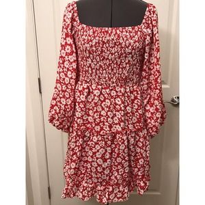 Women’s Red & White Floral Dress, LARGE, Smocked, Tiered Sheer